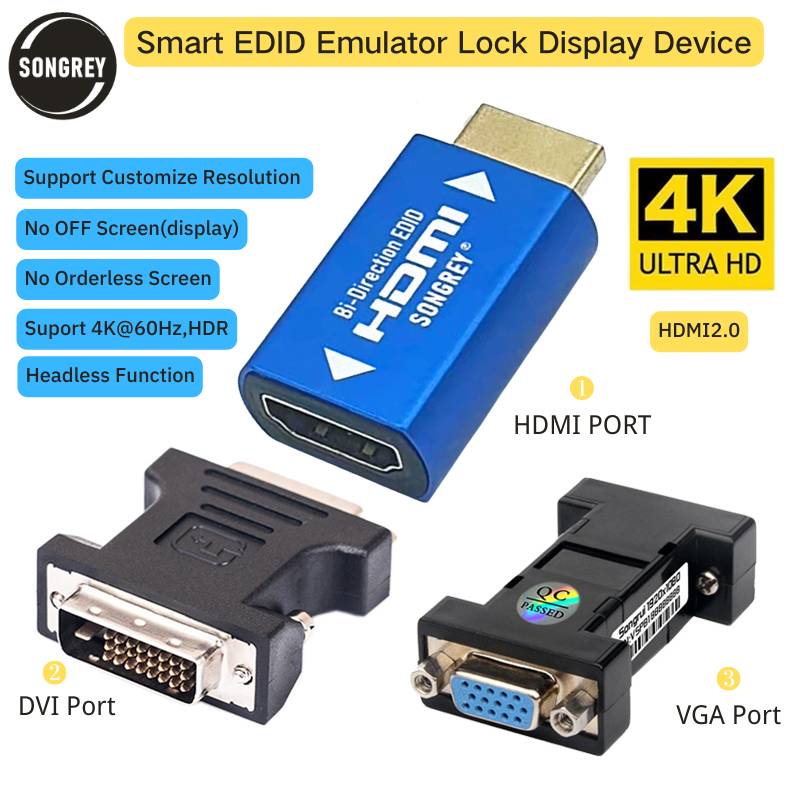 SONGREY HDMI EDID 에뮬레이터 패스스루 어댑터 남성 및 여성 더블 헤드 더미 플러그 고스트 디스플레이 4세대 HDMI 2.0 4K HD 익스텐더/KVM 스위치/AV 수신기/비디오 분배기/Xbox 게임용